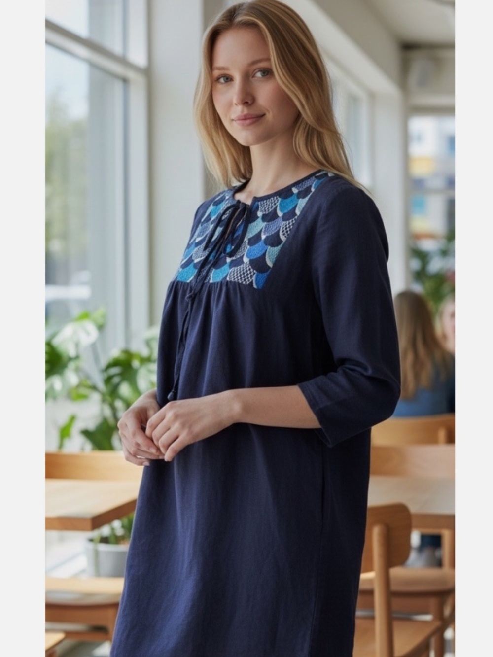 Boden Navy Embroidered Yoke Tunic w/ Ties and 3/4 Sleeves